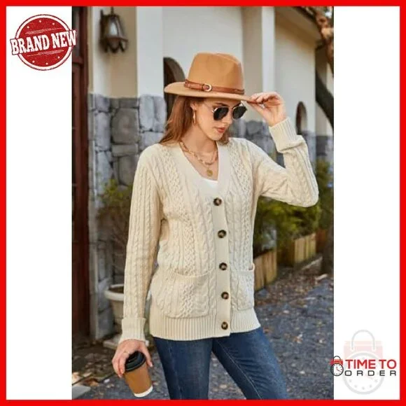Chunky Cable Knit Cardigan Open Front Button Down Pockets Women's Sweater - Picture 3 of 8